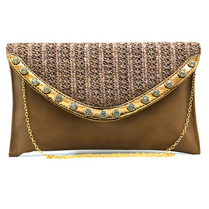 Two In One Jute Stone Flap Envelope Women Clutch - myStore20202019