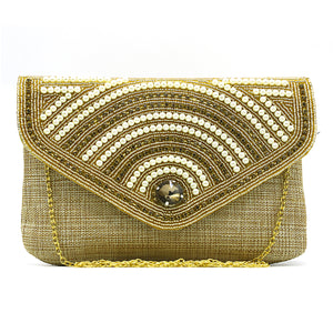 Women's Clutch with 2In1 Flap Heavy Pearl & Stone Jute Design - myStore20202019