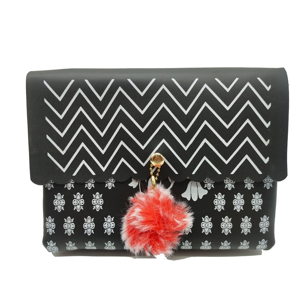 Women's Indian Sling Bag With Zig Zag Print Fur Ball Design - myStore20202019