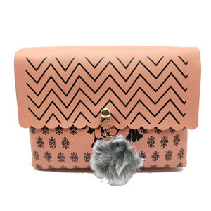 Women's Indian Sling Bag With Zig Zag Print Fur Ball Design - myStore20202019