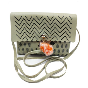 Women's Indian Sling Bag With Zig Zag Print Fur Ball Design - myStore20202019